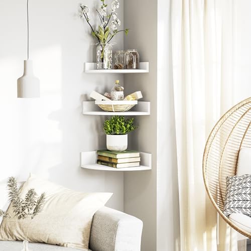 Alsonerbay Wood Corner Floating Shelves with Graduated Size 3-Pack, White
