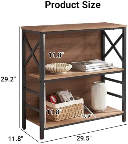 MNEETRUNG Small Bookshelf,3 Tier Industrial Bookcase with Metal Frame and Backboard,Low Rustic Brown Book Shelf,Book cas