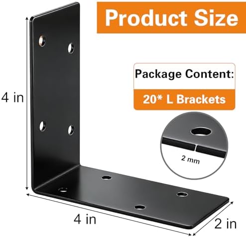 ZENFUN 20Pcs 4x4x2 Inch Heavy Duty Corner Brackets, Black L Brackets for Wood Shelves, 2mm 90 Degree Right Angle Bracket