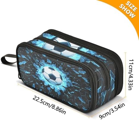 Soccer Ball Blue Lighting Cracked Pencil Case Big Capacity for Girl Boy Football Sports Student Pencil bag Pen Pouch Large Stationery 3 Compartments Zippers Organizer School College Office Teens