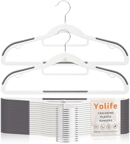 Yolife Cascading Plastic Clothes Hangers 20 Pack with Inner Hook for Vertical Storage, Slim Space Saving Hangers with Non-Slip Pads, 360° Swivel Metal Hook, Versatile, White & Gray