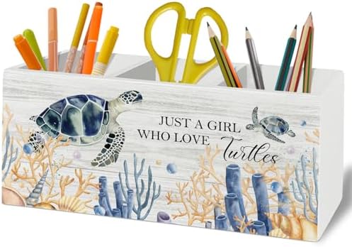 Coastal Beach Sea Turtle Pen Pencil Holder Organizer for Desk Accessories, Sea Turtle Gifts for Women Wooden Box Sign Desk Decor for Home Office Decoration, Beach Office Decor
