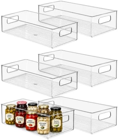Plastic Food Storage 6 Pack Clear Container Bin with Handles for Organizing Kitchen, Pantry, Refrigerator, Freezer, Pant