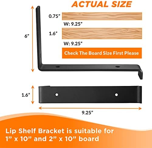 BATODA 10” Shelf Brackets with Lip (Match 9.25" Board) - 6 Pcs Z Shelf Bracket Black - Heavy Duty Hook Brackets for Shel