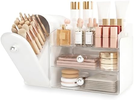 lurcns Makeup Organizer with Dustproof Brush Holder for Vanity, Large Cosmetics Organizer and Bathroom Countertop Skinca