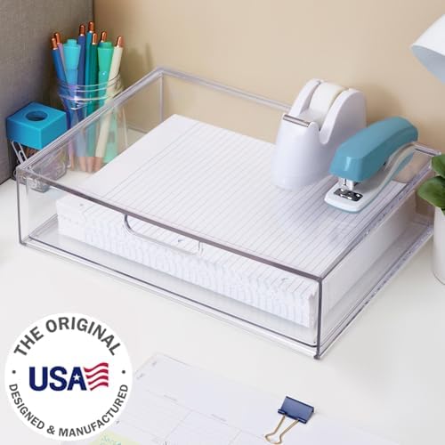 STORi STAX Plastic Stackable Organizer Drawer in Clear | 12.5-inches Wide | Organize Office Desk Accessories and Sort Letter-Size Paper | Made in USA (Pack of 3)