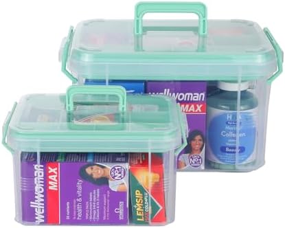 Set of 2 Medicine Organizer - Plastic Storage Box with Handle Green