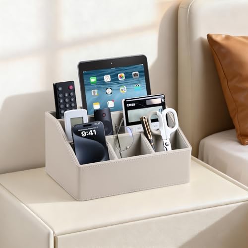 PU Leather Desk Organizer, Remote Control Holder, Dark Beige