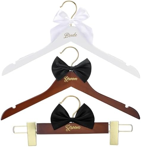 Beeveer 3 Pcs Groom and Bride Wooden Hanger with Clips, Bow, Brown, White