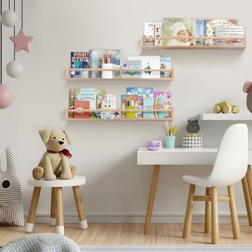 birola Nursery Shelves with Beads Design - 32 Inches Wall Book Shelves Set of 3, Space-Saving Nursery Book Shelves for K