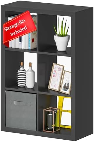 furtble Bookshelf with Storage Bins, 6 Cube Storage Organizer, Modern Wood Bookcase, Multifunctional Display Shelf for L