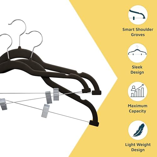Lifemaster Velvet Skirt Hangers – with Adjustable Clips, 360 Degree Swivel Hook, and Non-Slip Shoulder Notch, Holds Up to 10 lbs, for Organizing Skirt, Pants, Dress, and Clothes, Pack of 20, Brown