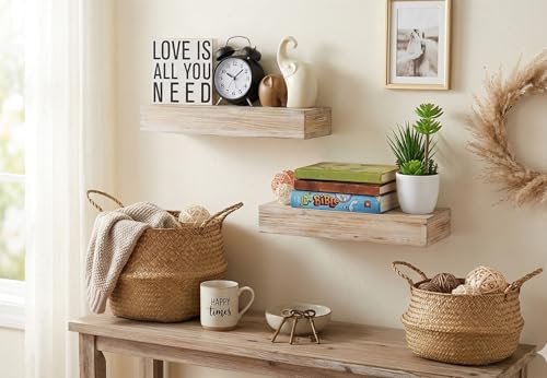 Wall-Mounted Floating Shelves - Set of 2, Solid Wood Rustic Grey, 16.5” W x 6” D x 2.5” H - Rustic Decorative Storage fo