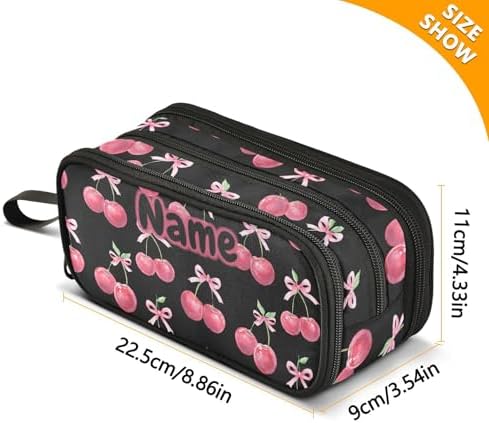 Custom Watercolor Cherry Bow Pencil Case Box Boys Girls Personalized Name Large Pencil Pouch Stationery Pen Bag Organizer for Kids Adults School Office