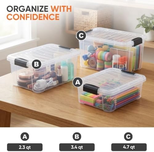 Superio Deep Storage Organizer Bin with Lid X-Deep Small Clear Storage Box with Latch for Home, Kitchen, Garage- Store, 