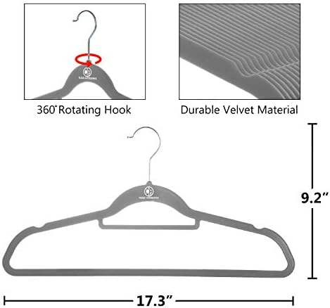 50 Pack Velvet Hangers Study Heavy Duty Hangers Including Tie Bar, Notches, and 360° Chrome Hook. (Gray)