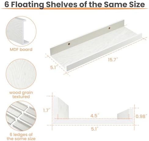 upsimples Floating Shelves for Wall, Wall Shelves for Decor Storage Set of 6, Wall Mounted Wood Shelf for Bedroom, Livin