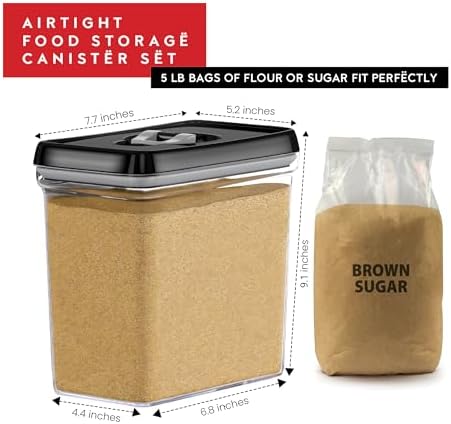 DWËLLZA KITCHEN Large Airtight Food Storage Containers - Clear Plastic Bulk Food Pantry & Kitchen Storage Containers for Flour, Sugar and Baking Supplies 4 Pcs. BPA-Free, Keeps Fresh & Dry (Black)