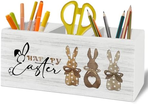 Happy Easter Bunny Decor, Bunny Rabbit Gifts, Bunny Easter Gifts for Women, Funny Pen Pencil Holder Organizer for Desk Accessories, Wooden Box Sign Desk Decor for Home Office Decoration