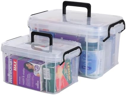 Set of 2 Medicine Organizer - Plastic Storage Box with Handle Clear