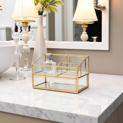 Vintage Gold Makeup Organizer - Glass Makeup Organizer Countertop Organizer for Make-Up Brushes Vanity, Tabletop Organiz
