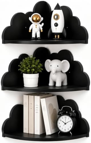Cloud Corner Floating Shelves, Set of 3 Wall Mounted Shelves, Black