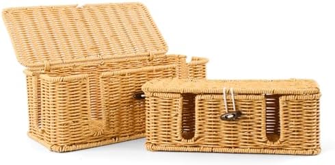 Cable Management Box - 2 Pack Cord Hider Organizer Boxs - Small & Medium Szie Power Cover Cord Box, Handwoven Rattan Cab