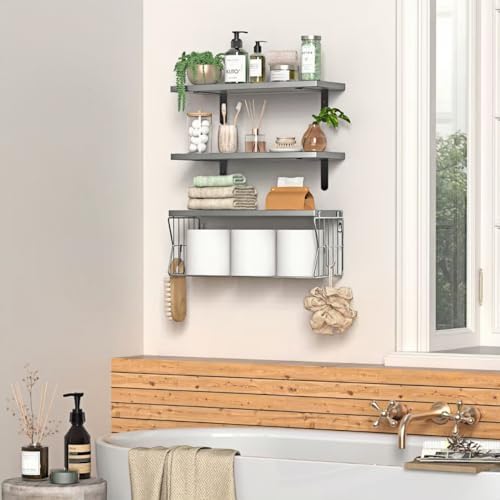 Floating Bathroom Shelves Wall Mounted - Wooden Shelf Set of 3 for Over Toilet Storage & Modern Bathroom Decor - Perfect