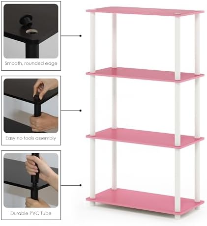 Furinno Turn-N-Tube Toolless Assembly Storage Shelves, 4-Tier Soft Pink Book Shelf, Open Storage Bookshelf, for Organiza