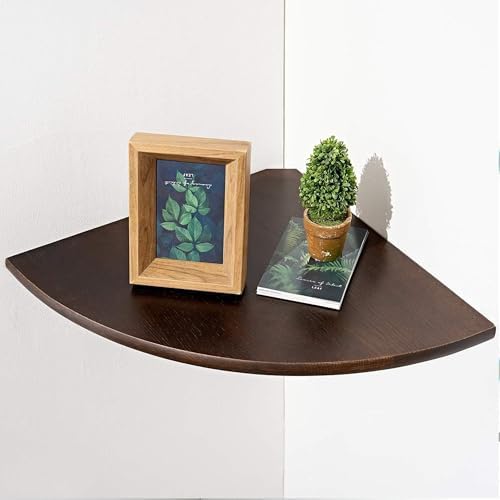 Corner Shelf,16inch Walnut Solid Wood Floating Corner Shelves Wall Mount Round End Floating Speaker Rack with Wire Hole 