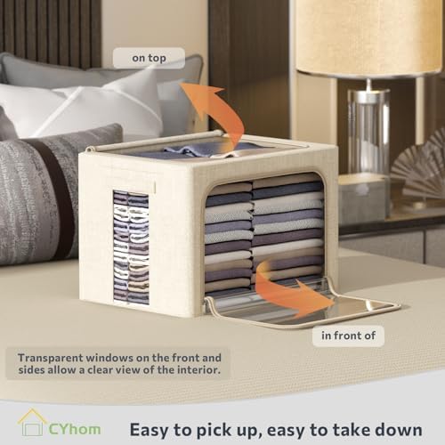 CYhom 3Pack Foldable Storage Bins - Frame Storage Box Linen Fabric Stackable Clothes Container Organizer with Clear Wind