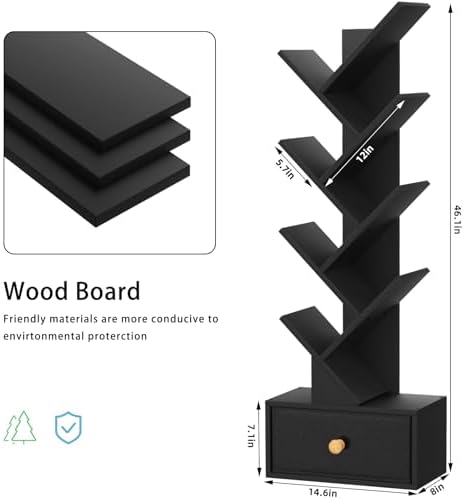 SHEEPAM 8-Tier Tree Bookshelf Floor Standing Storage Bookcase with Drawer
