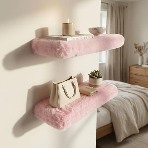 Furry Floating Shelves for Wall,2 Pack Wood Shelf with Plush Soft Shag Cover, Wall Mounted Shelves for Bedroom, Living R