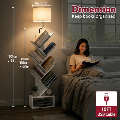 XBurmo 6 Tier Tree Bookshelf with Lights - Small Bookcase, Compact Book Tower with Drawer, Corner Bookshelf for Bedroom,