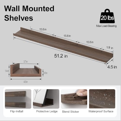 Walnut Floating Shelves for Wall Decor, 52 in Shelf with Lip, 2 Set