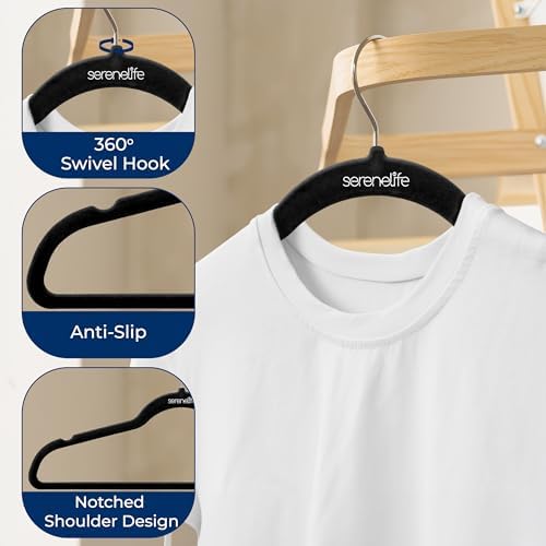 SereneLife 30 Pack Black Velvet Non-Slip Hangers w/ 360° Swivel Hook