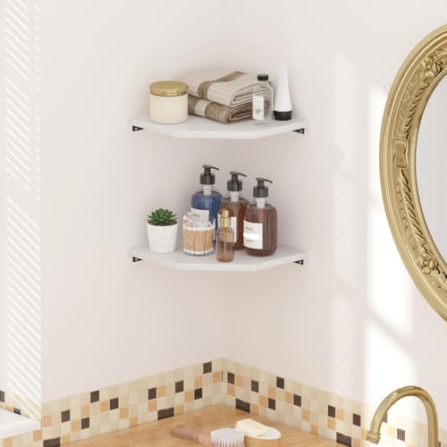 JJL Corner Shelf, 12 Inch Corner Shelf Wall Mounted with Wire Hole, 2 Tier 13.3 Inch Deep Wooden Corner Hanging Shelves 