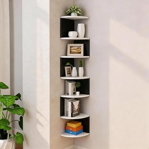No-Drill Corner Shelf Wall Mount, 7-Tier Floating Corner Bookshelf with Hooks, Space-Saving Zigzag Plant Shelf for Bedro