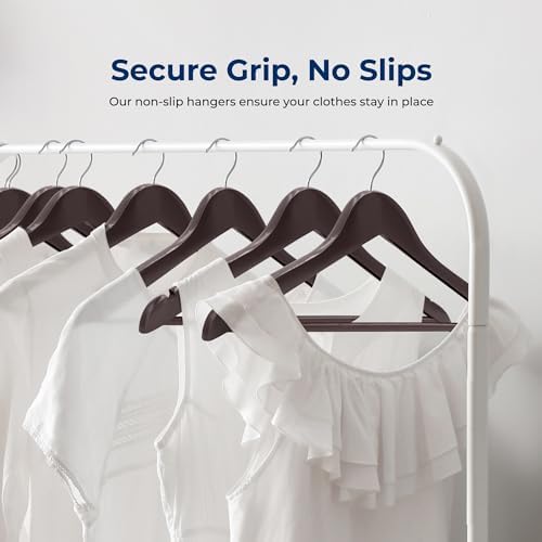 SereneLife 20 Brown Wooden Hangers Non-Slip Heavy Duty Suit and Coat Hanger Set with Chrome 360° Swivel Hooks Notches and Pants Bar Design for Closet Organization Clothes Durable 10 lb Capacity