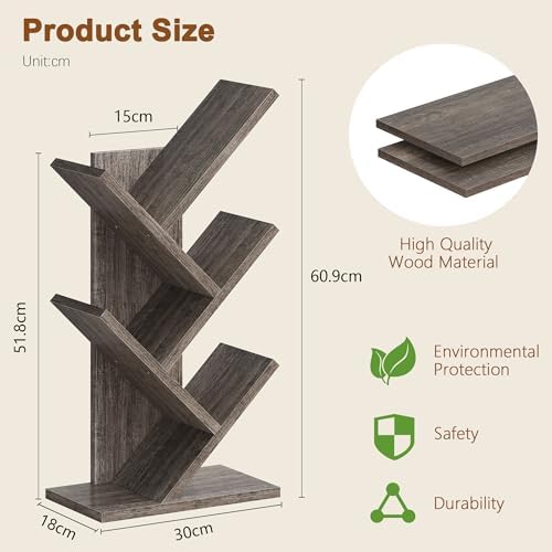 Hoctieon 4 Tier Tree Bookshelf, 4 Shelf Bookcase, Free Standing Tree Bookcase, Display Floor Standing Shelf for Books, B