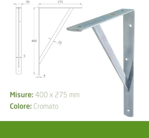 Amig, Pack of 4 Shelf Brackets Color Silver, Bracket for Shelves 400 x 275 mm, Heavy-Duty Steel: up to 225 kg