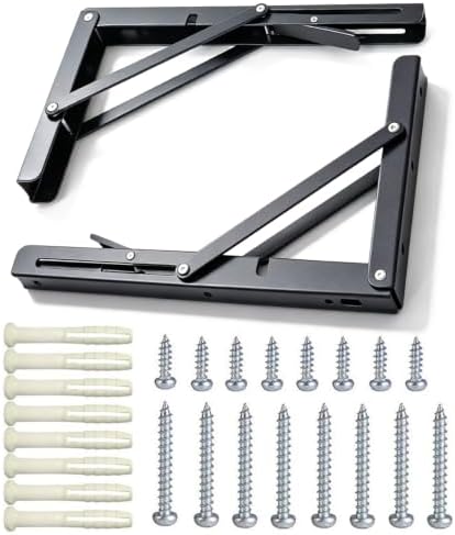 12 Inch Black Folding Shelf Brackets, 2 Pack Metal Heavy Duty Shelf Bracket