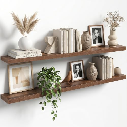 55" Floating Shelves for Wall, Set of 2, 8" Deep, 1.5" Thick, Brown