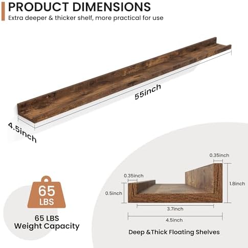 Fun Memories Picture Ledge Shelves Set of 2, 55 Inch Rustic Wall Mounted Floating Shelves with Lip for Home Storage and 