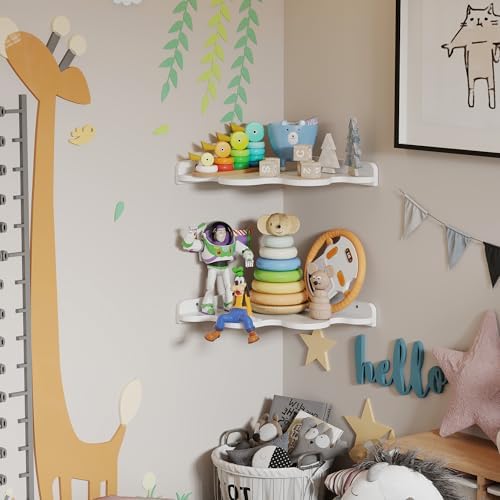 Cloud Corner Shelf Wall Mount, 2-Tier Floating Wavy Corner Wall Shelves with Cord Hole, White Funky Corner Shelves for K