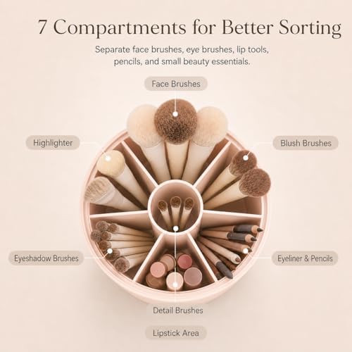 EACHY Makeup Brush Holder with Lid, 360° Rotating Vanity Organizer for Brushes, Dustproof Cosmetic Display Case, 7 Compa