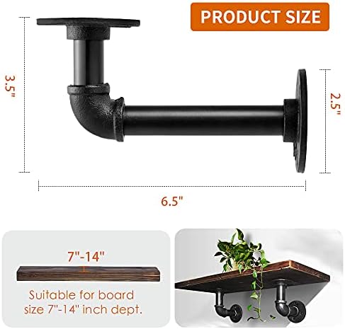 Janyang Industrial Pipe Shelf Brackets for 8 10 12 14 inches Board, Iron L Pipe Floating Shelves, Heavy Duty Metal Shelv