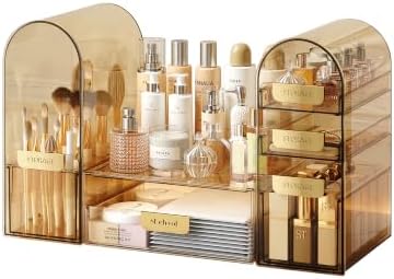Makeup Organizer with Drawers & Dustproof Lid, Large, Clear