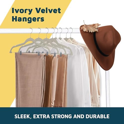Lifemaster Velvet Skirt Hangers – with Adjustable Clips, 360 Degree Swivel Hook, and Non-Slip Shoulder Notch, Holds Up to 10 lbs, for Organizing Skirt, Pants, Dress, and Clothes, Pack of 20, Ivory