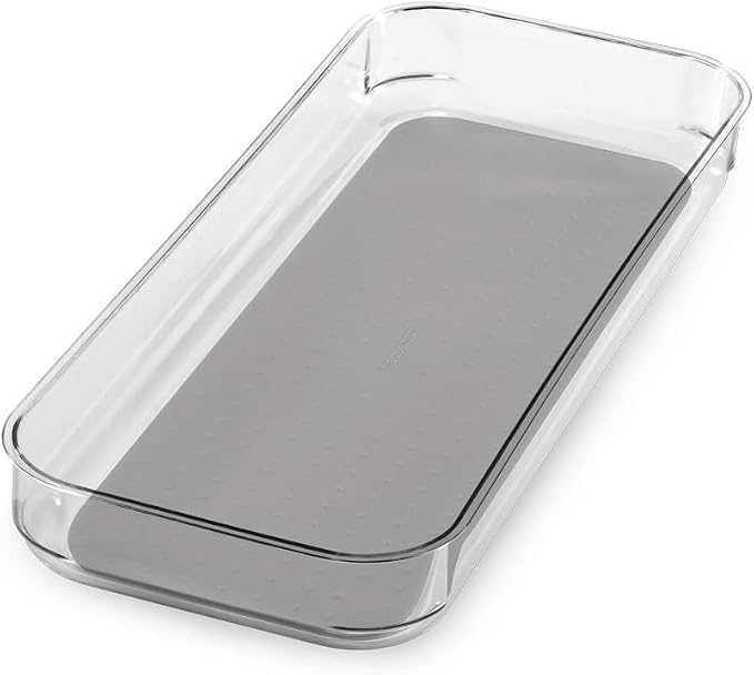 madesmart Large Clear Storage Bin Organizer, Premium Soft-Grip Lining, for Utensils, Office & Kitchen Supplies, Bathroom Storage, Grey